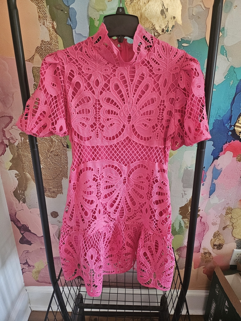 Women's Hot Pink Crochet Lace Short Sleeve Dress